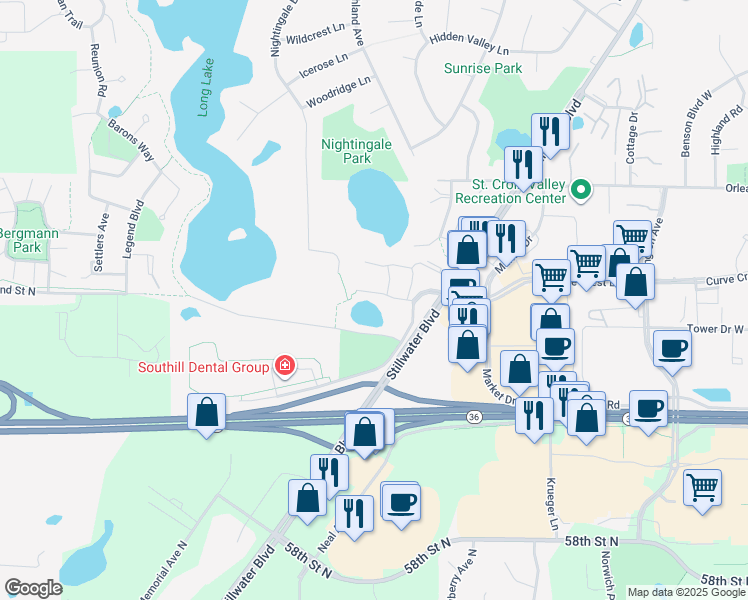 map of restaurants, bars, coffee shops, grocery stores, and more near 2869 Long Lake Drive in Stillwater