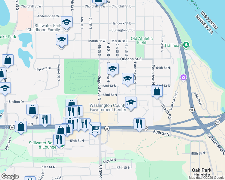 map of restaurants, bars, coffee shops, grocery stores, and more near 14870 62nd Street North in Stillwater