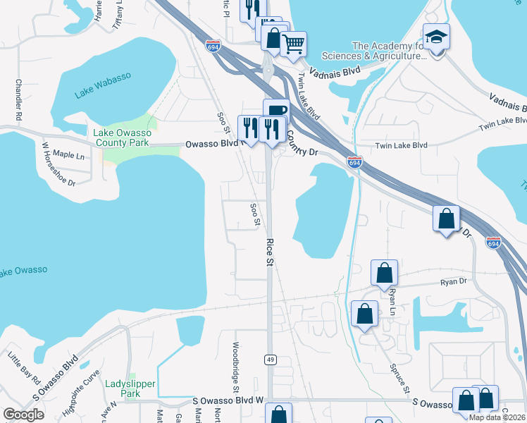 map of restaurants, bars, coffee shops, grocery stores, and more near 3212 Rice Street in Saint Paul