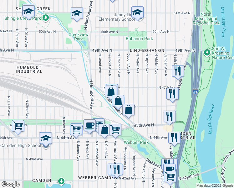 map of restaurants, bars, coffee shops, grocery stores, and more near 4619 Emerson Avenue North in Minneapolis