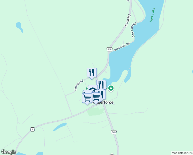 map of restaurants, bars, coffee shops, grocery stores, and more near 2293 Haliburton County Road 648 in Wilberforce
