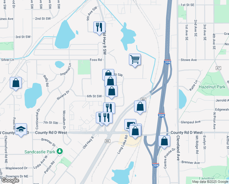 map of restaurants, bars, coffee shops, grocery stores, and more near 575 Old Highway 8 Southwest in New Brighton