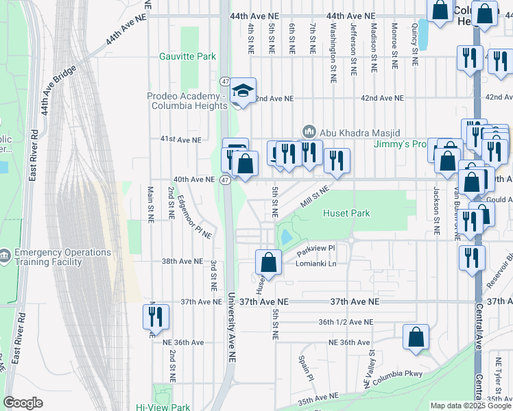 map of restaurants, bars, coffee shops, grocery stores, and more near 407 Summit Street Northeast in Minneapolis