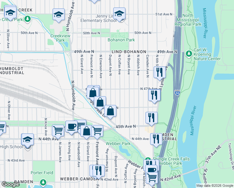 map of restaurants, bars, coffee shops, grocery stores, and more near in Minneapolis