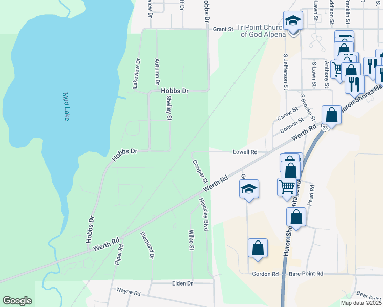 map of restaurants, bars, coffee shops, grocery stores, and more near 912 Cowper St in Alpena