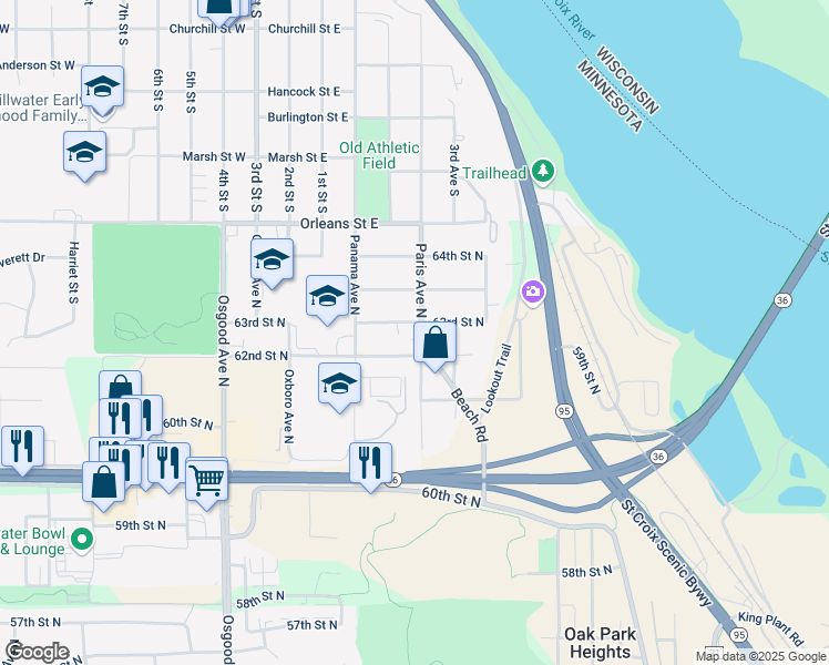 map of restaurants, bars, coffee shops, grocery stores, and more near 15100 63rd Street North in Stillwater