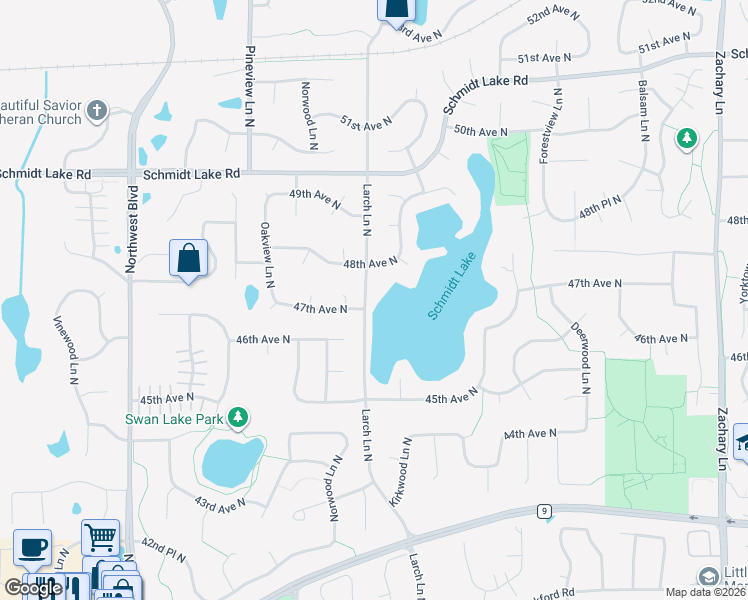map of restaurants, bars, coffee shops, grocery stores, and more near 4710 Larch Lane North in Plymouth