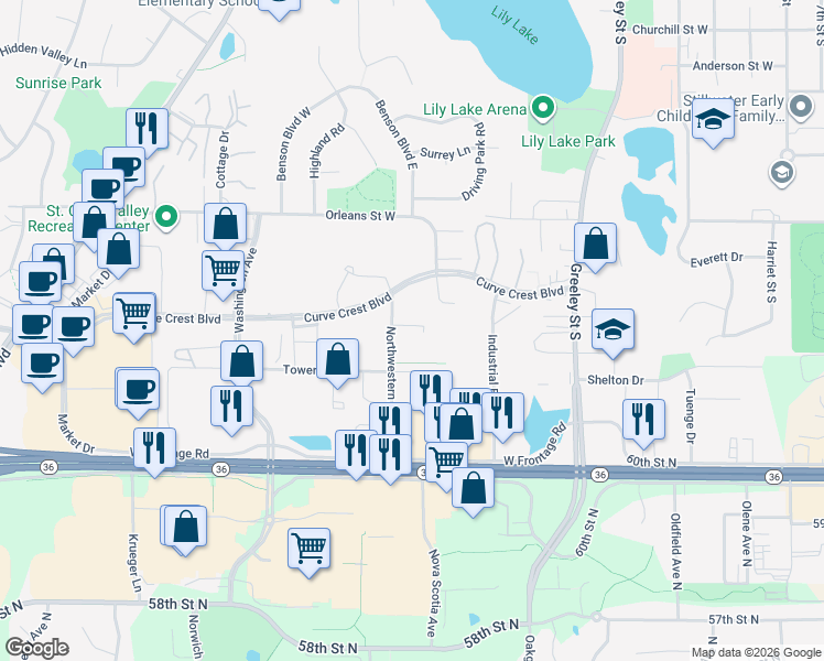 map of restaurants, bars, coffee shops, grocery stores, and more near 1815 Northwestern Avenue in Stillwater
