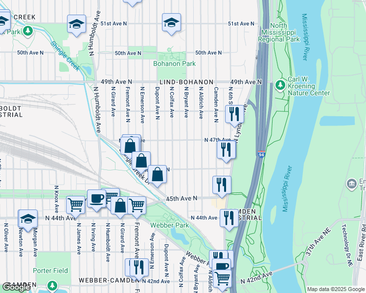 map of restaurants, bars, coffee shops, grocery stores, and more near in Minneapolis
