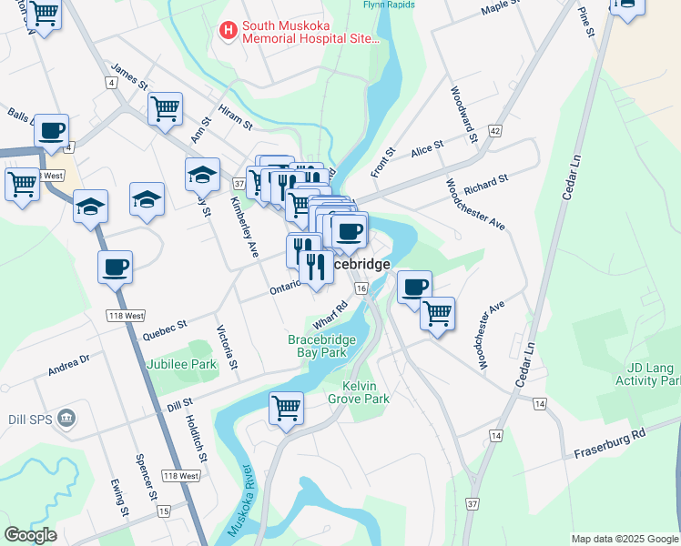 map of restaurants, bars, coffee shops, grocery stores, and more near 8 Ontario Street in Bracebridge