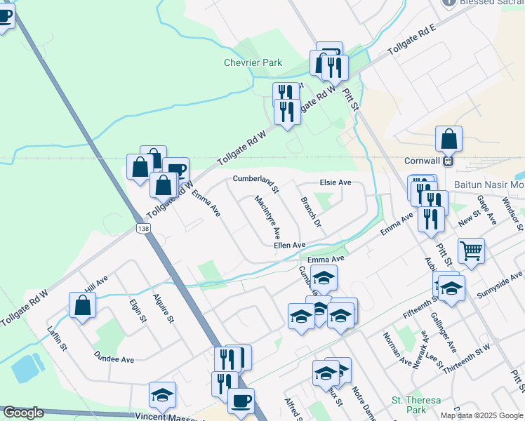 map of restaurants, bars, coffee shops, grocery stores, and more near 1732 Macintyre Avenue in Cornwall