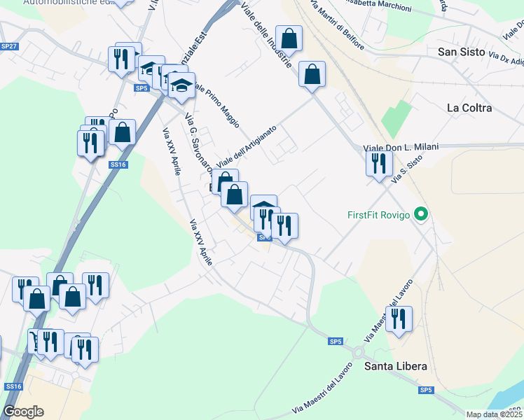 map of restaurants, bars, coffee shops, grocery stores, and more near 3B Via Giacomo Matteotti in Rovigo