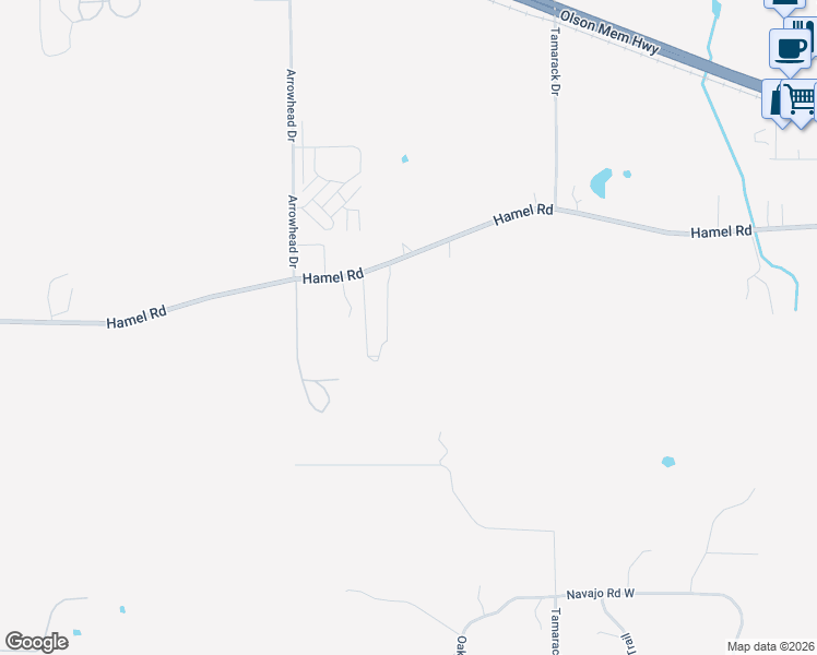 map of restaurants, bars, coffee shops, grocery stores, and more near 1575 Hamel Road in Medina