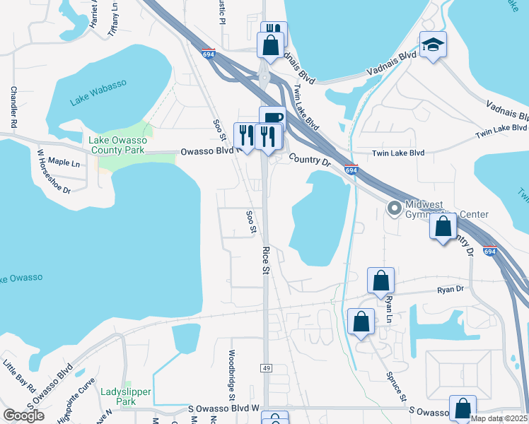 map of restaurants, bars, coffee shops, grocery stores, and more near 3269 Rice Street in Shoreview