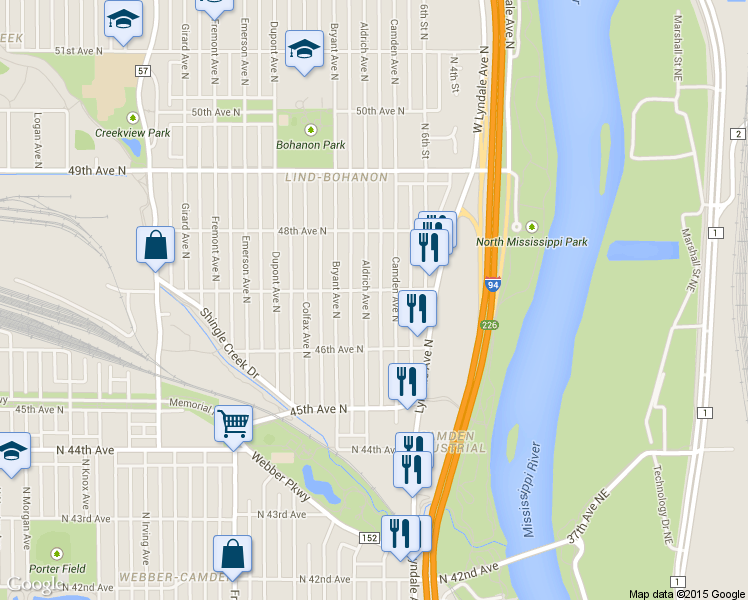 map of restaurants, bars, coffee shops, grocery stores, and more near 4701 Camden Avenue North in Minneapolis