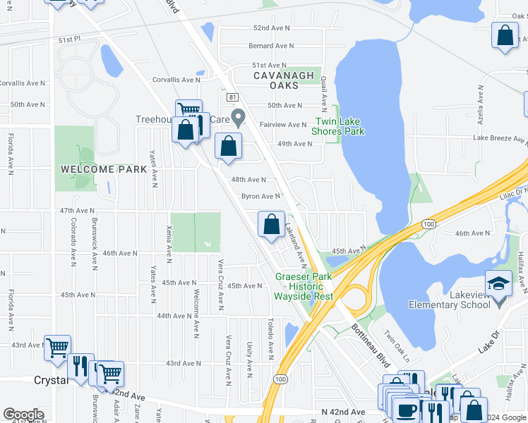 map of restaurants, bars, coffee shops, grocery stores, and more near 5317 Byron Avenue North in Minneapolis