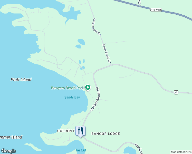 map of restaurants, bars, coffee shops, grocery stores, and more near 1283 Golden Beach Road in Bracebridge