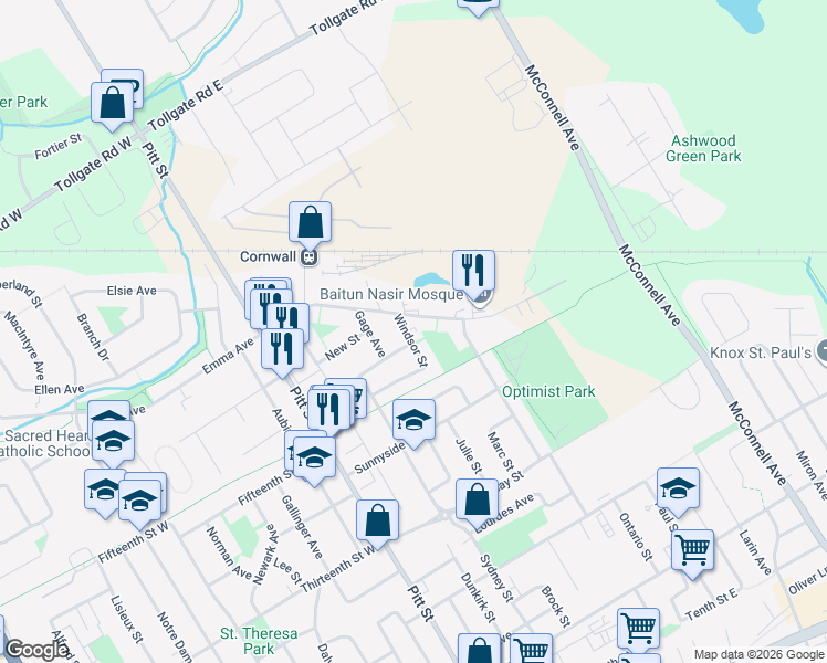 map of restaurants, bars, coffee shops, grocery stores, and more near 1525 Windsor Street in Cornwall