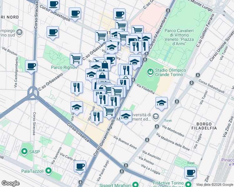 map of restaurants, bars, coffee shops, grocery stores, and more near 14 Via Bainsizza in Turin