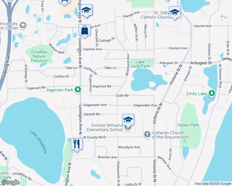 map of restaurants, bars, coffee shops, grocery stores, and more near 992 Ingerson Road in Shoreview