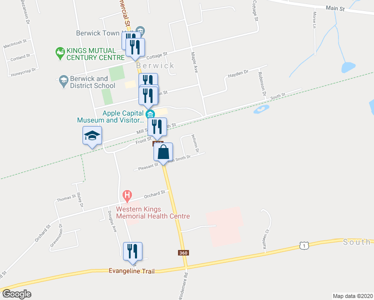 map of restaurants, bars, coffee shops, grocery stores, and more near 3 Autumn Drive in Berwick