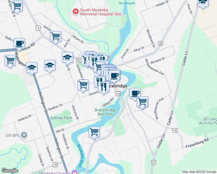 map of restaurants, bars, coffee shops, grocery stores, and more near 9 Ontario Street in Bracebridge