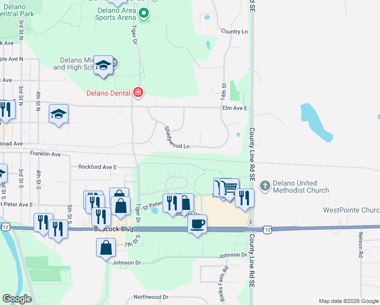 map of restaurants, bars, coffee shops, grocery stores, and more near 104 Shadywood Lane in Delano