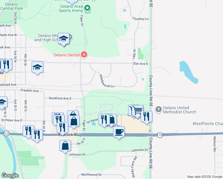map of restaurants, bars, coffee shops, grocery stores, and more near 104 Shadywood Lane in Delano