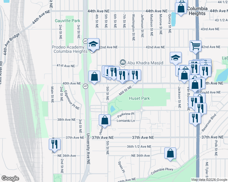 map of restaurants, bars, coffee shops, grocery stores, and more near 3969 5th Street Northeast in Minneapolis