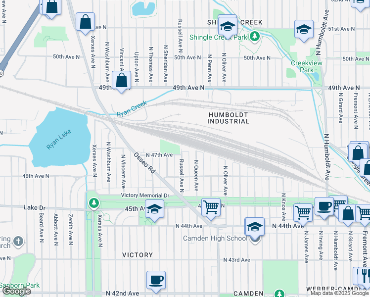map of restaurants, bars, coffee shops, grocery stores, and more near 2400 47th Avenue North in Minneapolis