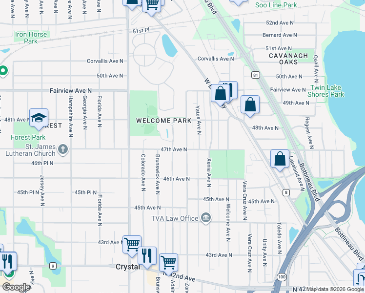 map of restaurants, bars, coffee shops, grocery stores, and more near 4707 Zane Avenue North in Minneapolis