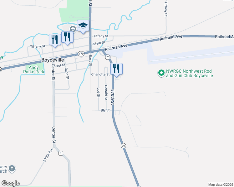 map of restaurants, bars, coffee shops, grocery stores, and more near 947 Donald Street in Boyceville