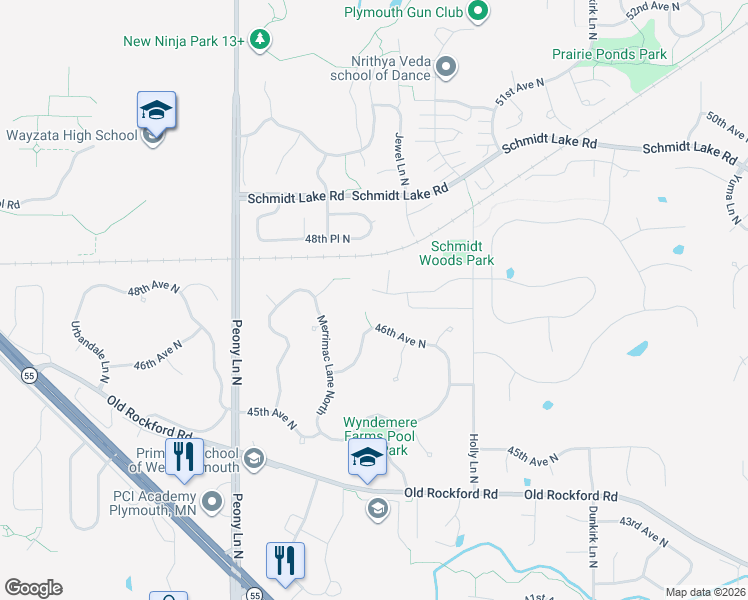 map of restaurants, bars, coffee shops, grocery stores, and more near 17410 46th Avenue North in Minneapolis