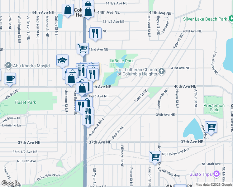 map of restaurants, bars, coffee shops, grocery stores, and more near 1117 Gould Avenue Northeast in Minneapolis