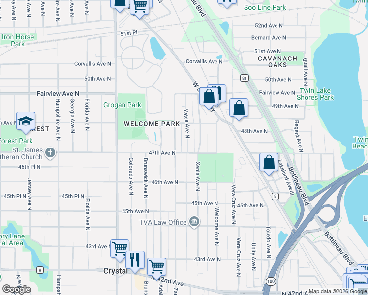map of restaurants, bars, coffee shops, grocery stores, and more near 4713 Yates Avenue North in Minneapolis