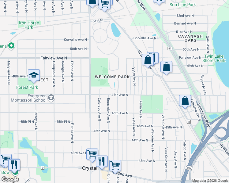 map of restaurants, bars, coffee shops, grocery stores, and more near 4715 Adair Court in Crystal