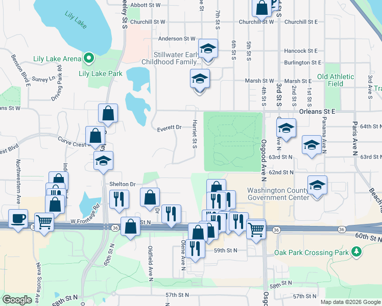 map of restaurants, bars, coffee shops, grocery stores, and more near 1612 Harriet Street South in Stillwater