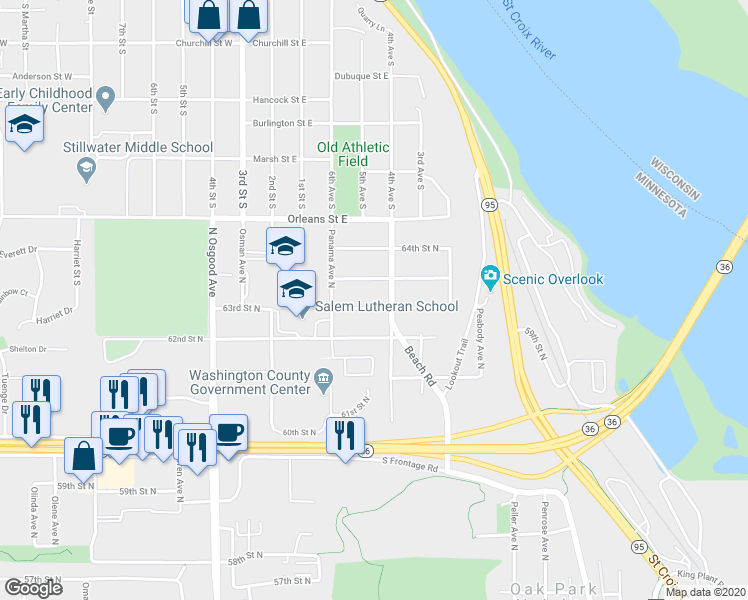 map of restaurants, bars, coffee shops, grocery stores, and more near 15100 63rd Street North in Stillwater