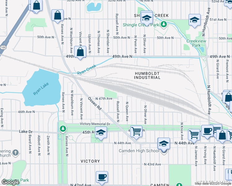 map of restaurants, bars, coffee shops, grocery stores, and more near 2400 47th Avenue North in Minneapolis