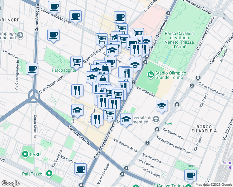 map of restaurants, bars, coffee shops, grocery stores, and more near 14 Via Bainsizza in Torino