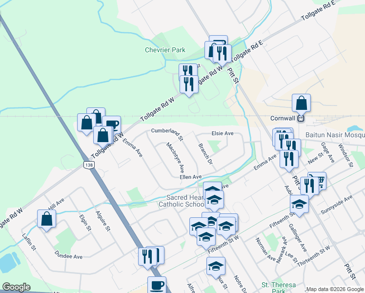 map of restaurants, bars, coffee shops, grocery stores, and more near 1752 Cumberland Street in Cornwall