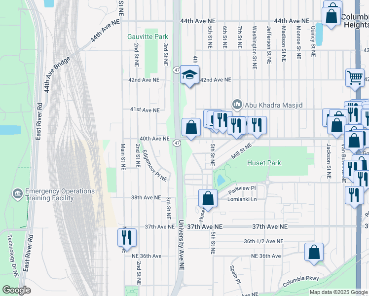 map of restaurants, bars, coffee shops, grocery stores, and more near 3939 University Avenue Northeast in Columbia Heights
