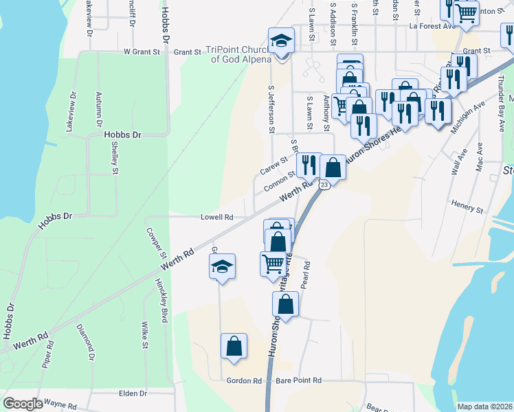 map of restaurants, bars, coffee shops, grocery stores, and more near 2080-2166 Werth Road in Alpena