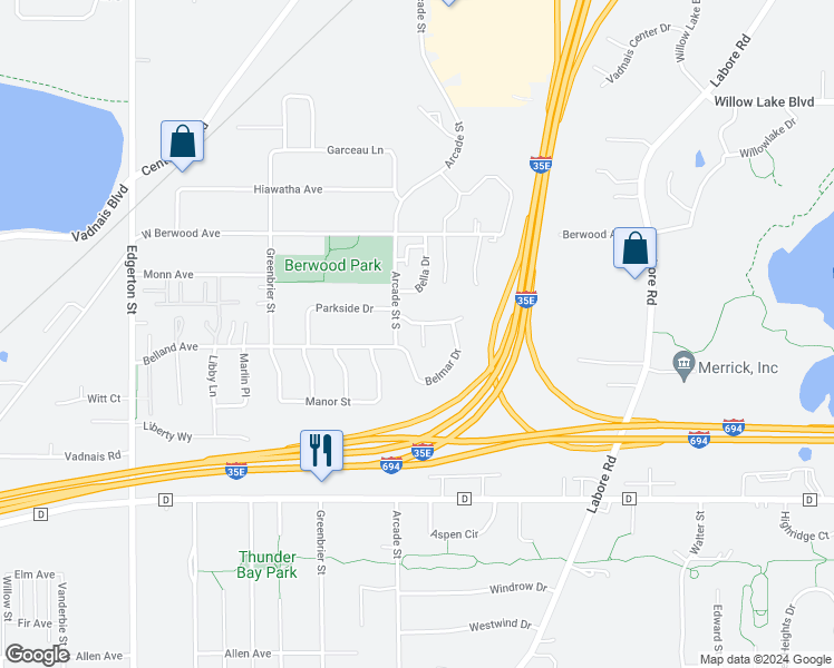 map of restaurants, bars, coffee shops, grocery stores, and more near 822 Woodgate Drive in Saint Paul