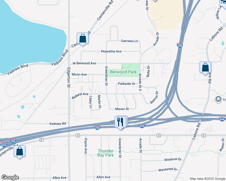 map of restaurants, bars, coffee shops, grocery stores, and more near 691 Parkside Drive in Vadnais Heights