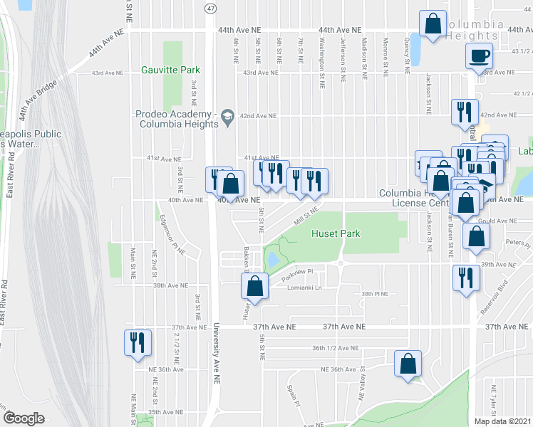 map of restaurants, bars, coffee shops, grocery stores, and more near 3969 5th Street Northeast in Minneapolis