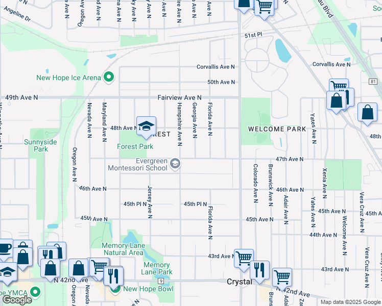map of restaurants, bars, coffee shops, grocery stores, and more near 4709 Georgia Avenue North in Minneapolis