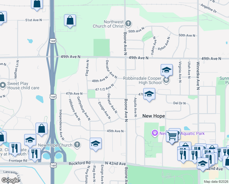 map of restaurants, bars, coffee shops, grocery stores, and more near 4742 Decatur Place North in Minneapolis
