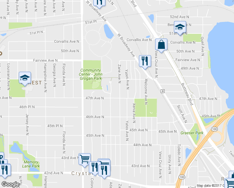 map of restaurants, bars, coffee shops, grocery stores, and more near 4707 Zane Avenue North in Minneapolis