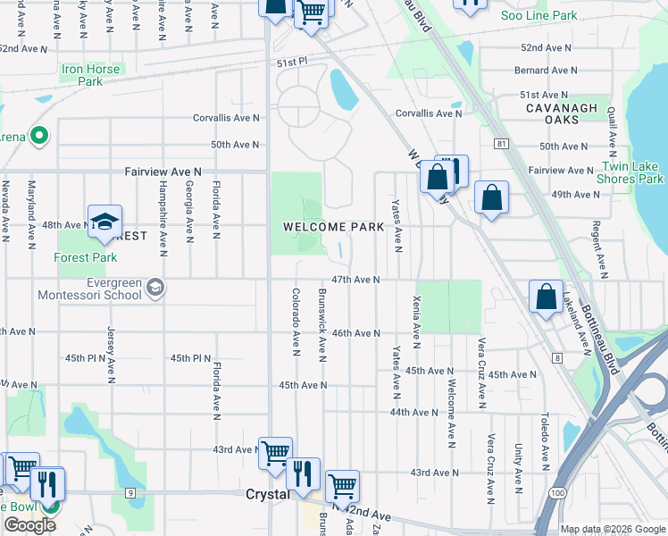 map of restaurants, bars, coffee shops, grocery stores, and more near 4715 Adair Court in Crystal